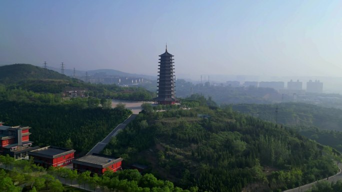 航拍山西太原神堂沟龙泉寺舍利塔希区柯克