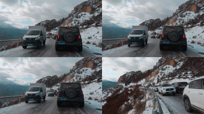 西藏风光318国道雪山冰雪路面汽车打滑
