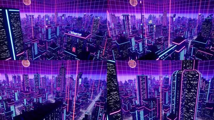 荧光赛博科幻都市大楼穿梭未来场景大屏2