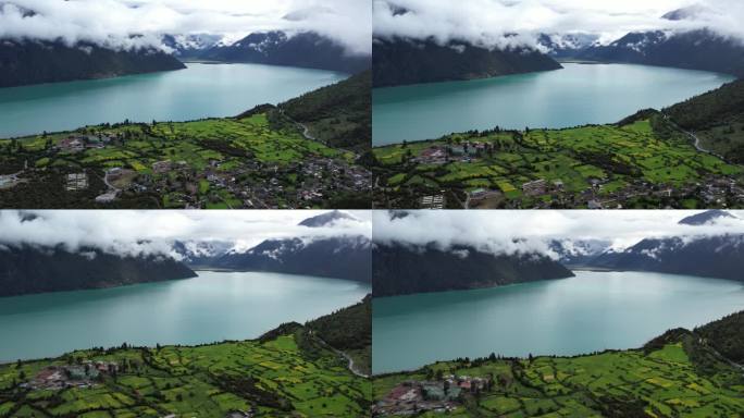 西藏 乡村 航拍 雪山 湖泊 穿过云层