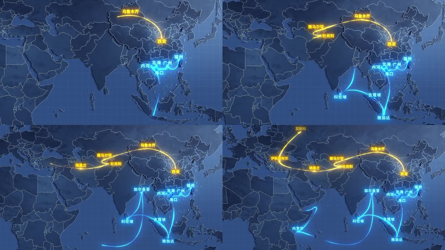 蓝色一带一路丝绸之路科技世界地图