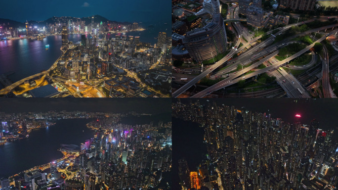 香港夜景航拍鸟瞰维多利亚港大湾区风景