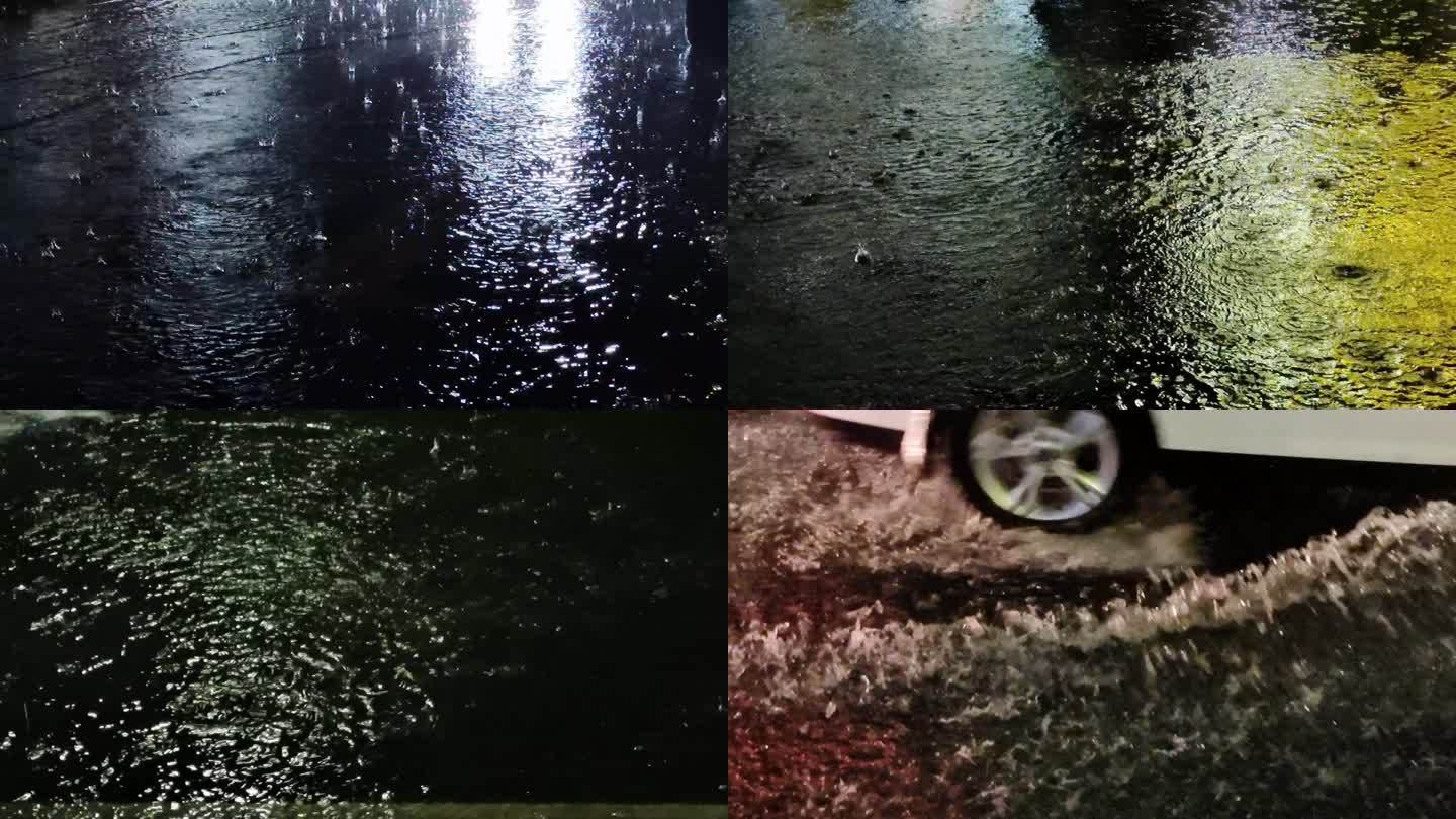 暴雨城市汽车通过积水路面夜晚雨景强降雨