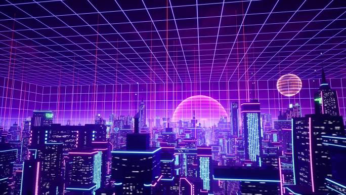 科幻荧光都市赛博朋克城市风景穿梭舞台大屏