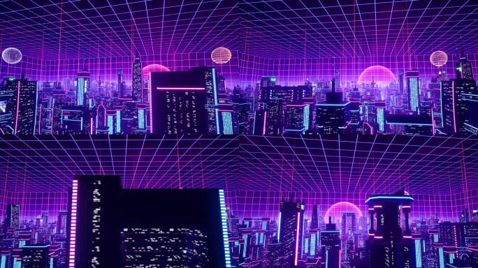 科幻荧光都市赛博朋克城市风景穿梭舞台大屏