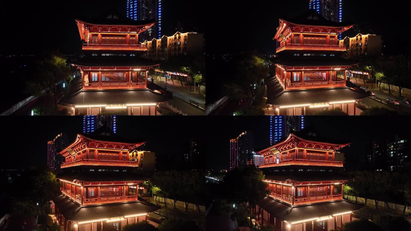 九江市浔阳楼夜景特写航拍