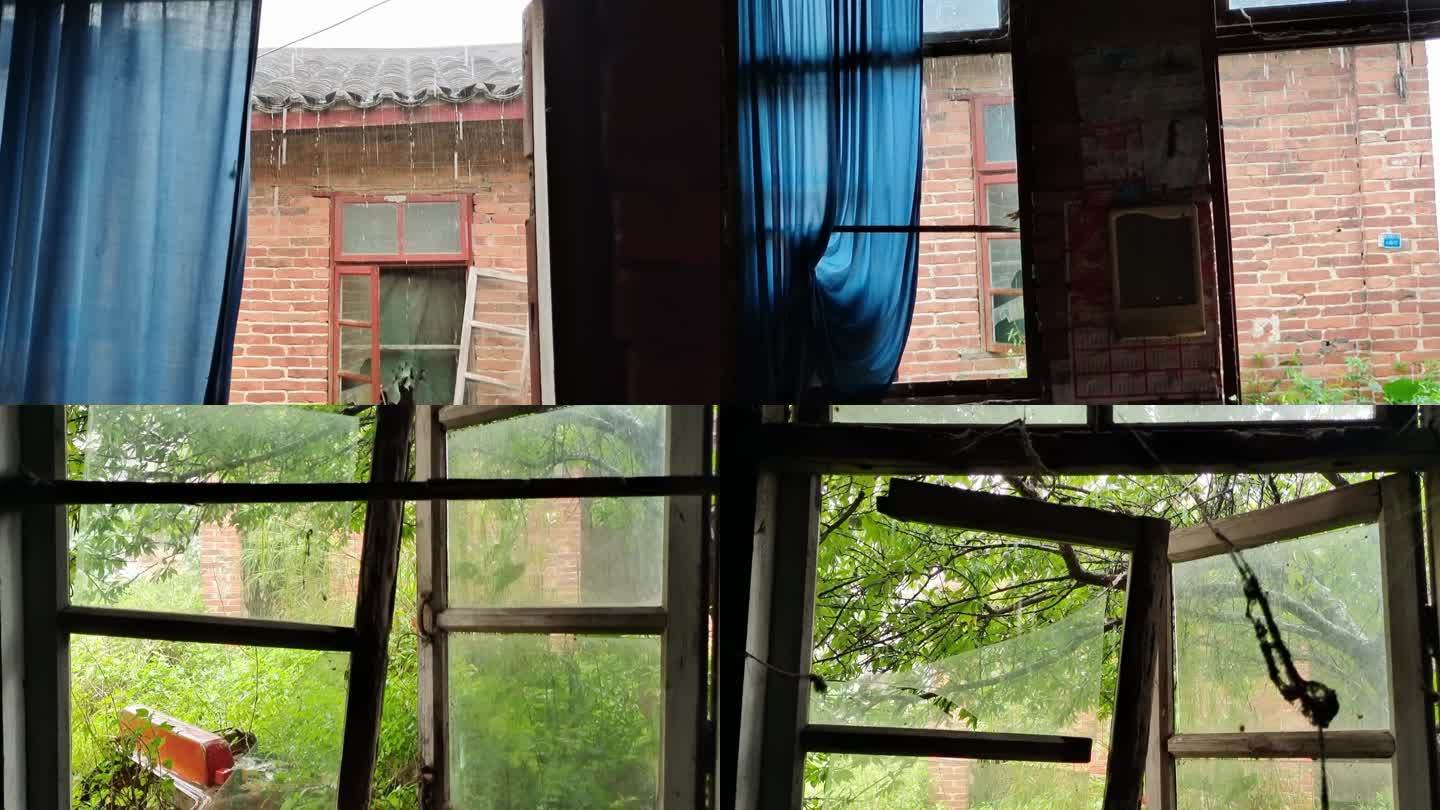 透过木窗看细雨滴雨旧房子窗户小雨窗户雨景