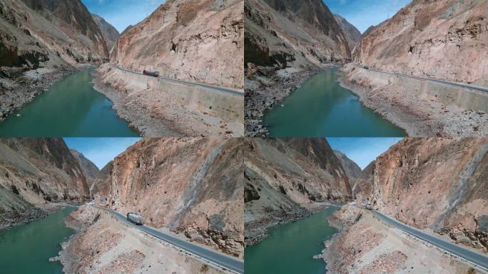 西藏旅游318国道怒江峡谷道路物流风光