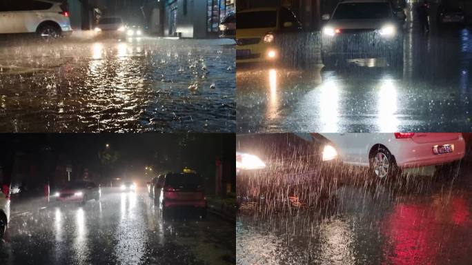 暴雨城市汽车通过积水路面夜晚雨景强降雨