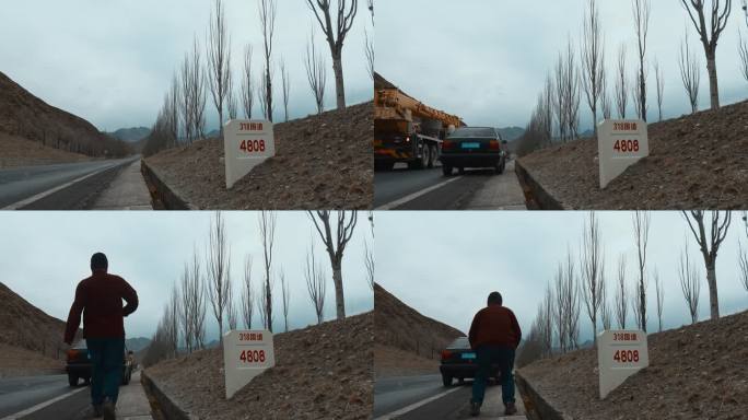 西藏旅游风光318国道公里桩自驾游客枯树