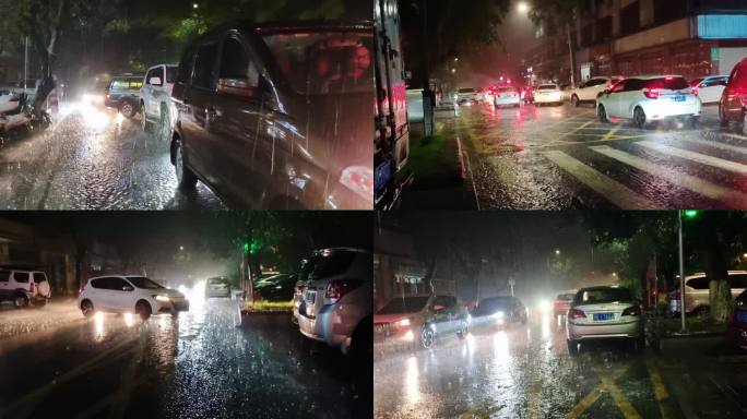 暴雨城市汽车通过积水路面夜晚强降雨塞车