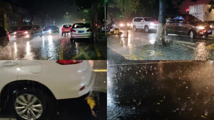 暴雨城市汽车通过积水路面夜晚雨景强降雨