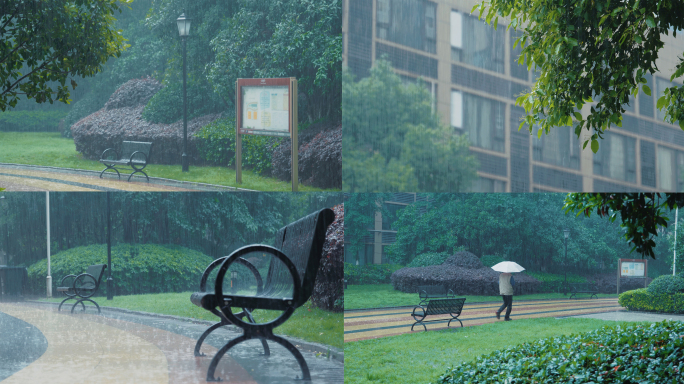 4K唯美春天下雨空镜街道小区行人雨景意境