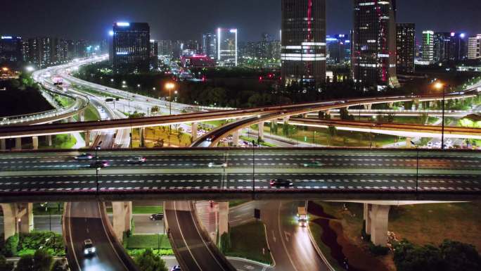 杭州立交桥道路车流交通夜景航拍