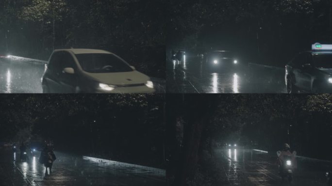 瓢泼大雨的晚上街道车流