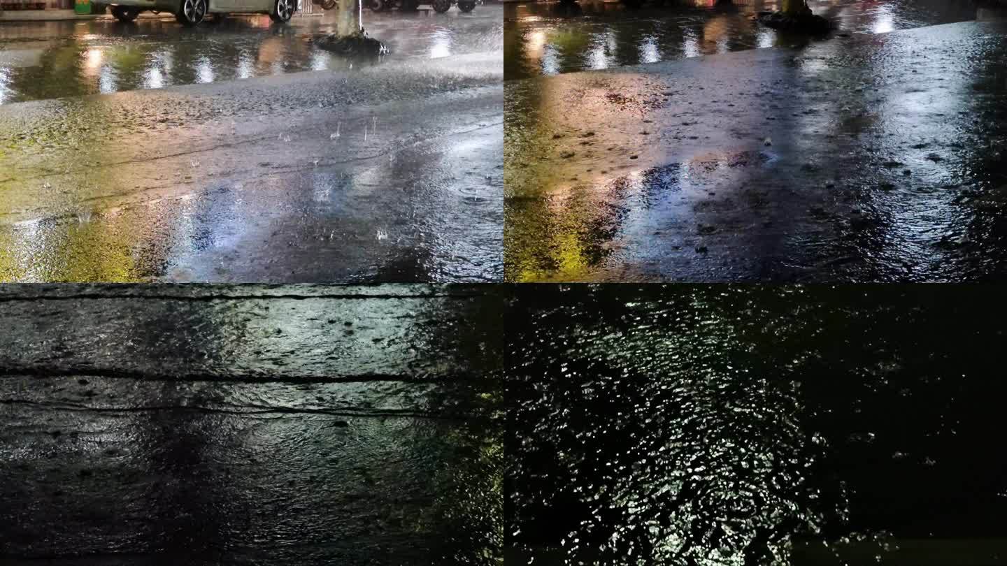 暴雨夜景 强降雨暴雨街景下雨后的积水路面