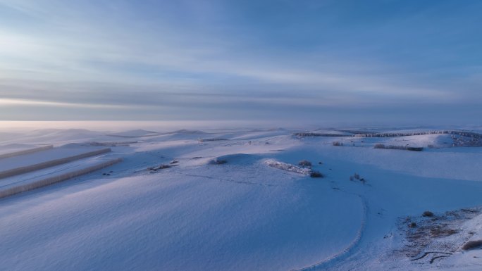 航拍4K东北雪色原野暮色