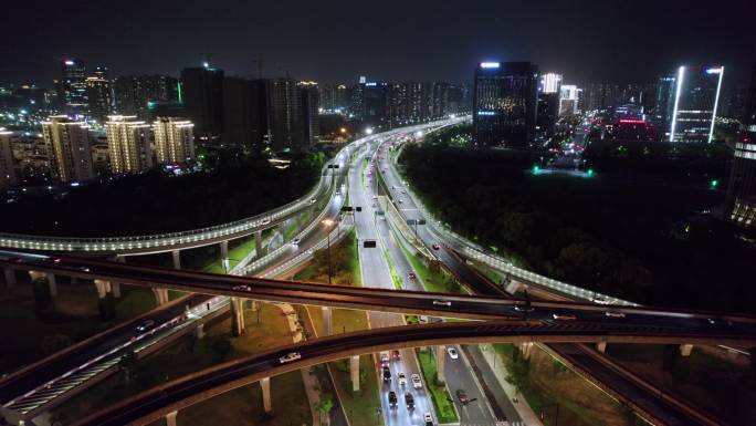 城市立交桥道路车流交通夜景航拍