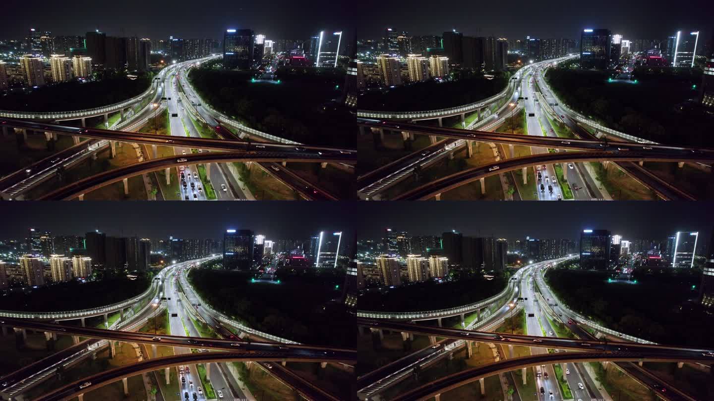 城市立交桥道路车流交通夜景航拍