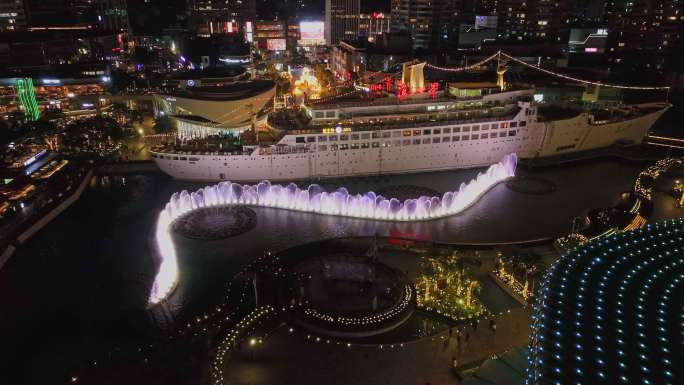 航拍深圳海上世界音乐喷泉夜景
