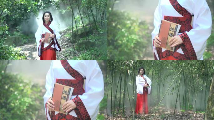 古装美女在竹林里看书走路
