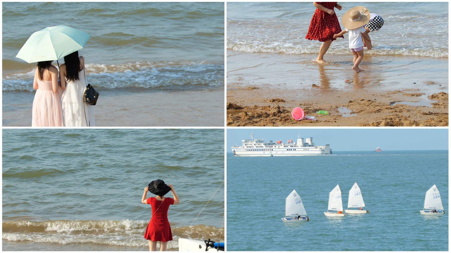 海边女孩背影游客沙滩玩耍海上运动帆船帆板