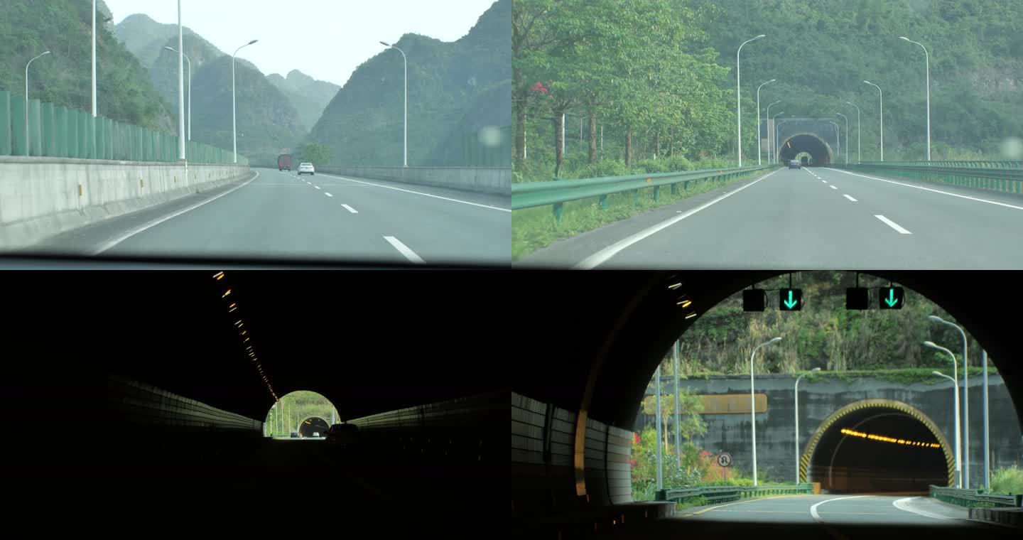 高速开车穿过连续隧道
