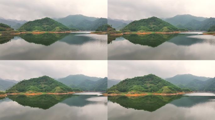 航拍烟雨蒙蒙的山水风光