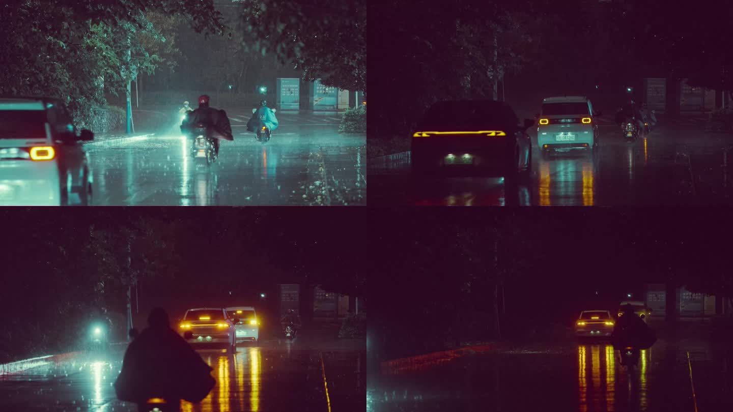 雨夜街头冒雨前行的电单车
