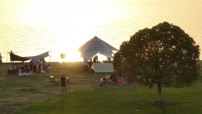 工业园区 落日 一棵树 夕阳 露营 航拍