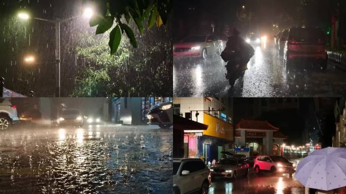 暴雨夜雨天下的城市 夜雨天车流车灯