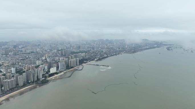 航拍北海北部湾海岸线大景云海