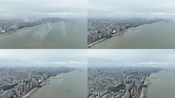 航拍北海北部湾海岸线大景云海