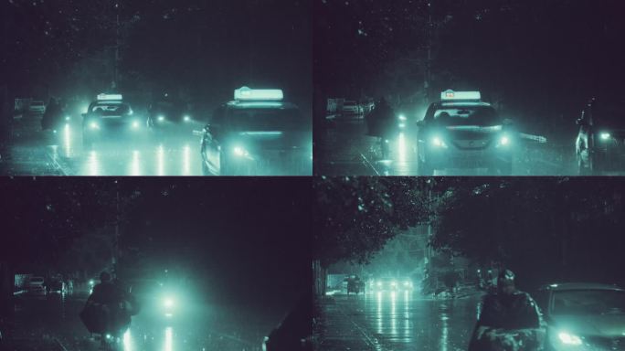 大雨夜晚街道车流行驶
