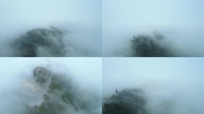云雾中的山顶气象台4K航拍