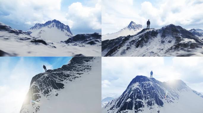 4K雪山山顶登顶成功人士俯瞰合集