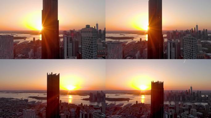 4K城市航拍布鲁克林塔阳光照射摩天大楼