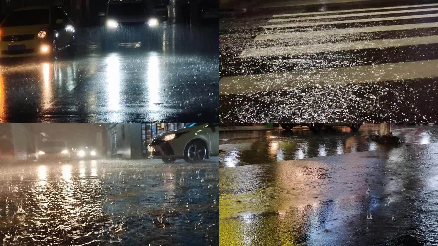 城市下大暴雨雨天的街道暴雨夜雨天车流车灯