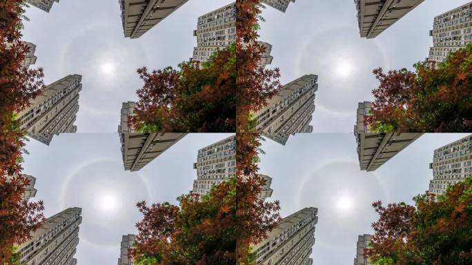 城市住宅小区上空的日晕延时视频