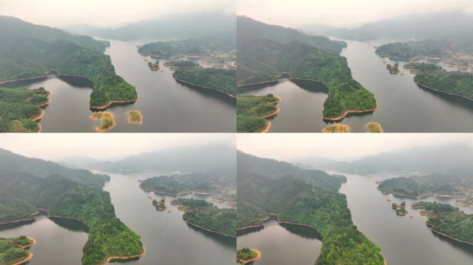 航拍烟雨蒙蒙的山水风光