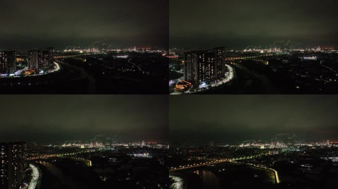 广东茂名油城化工油厂夜景航拍