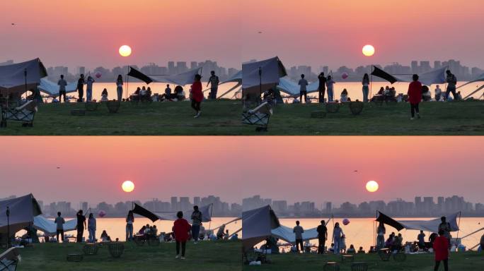 工业园区 落日 一棵树 夕阳 露营 航拍