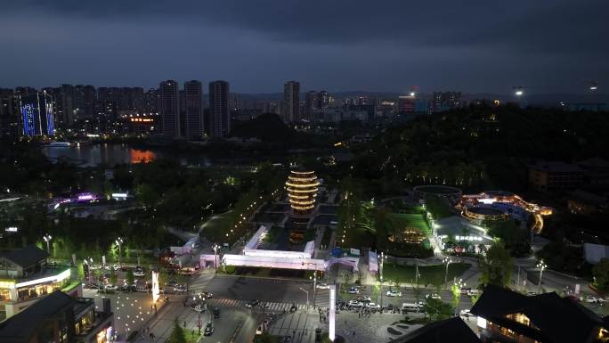 贵阳白云区泉湖公园夜景航拍4k