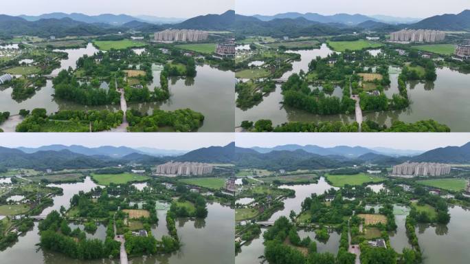 航拍浙江杭州滨江区白马湖动漫城广场