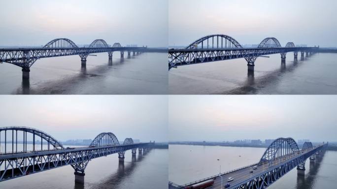 九江长江大桥黄昏航拍视频