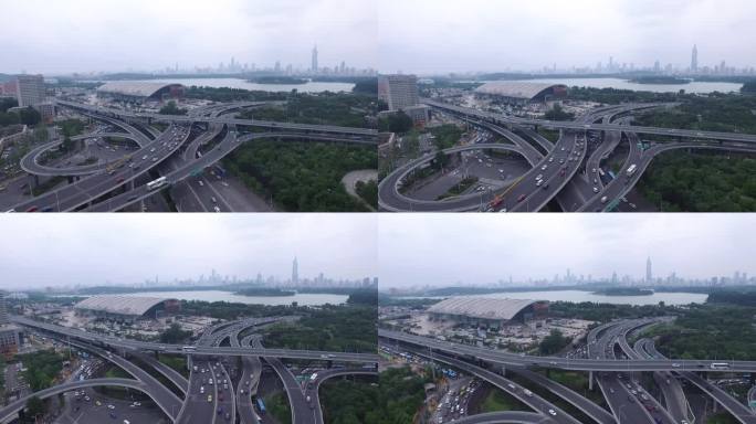 南京新庄航拍高架桥新庄国展中心车流