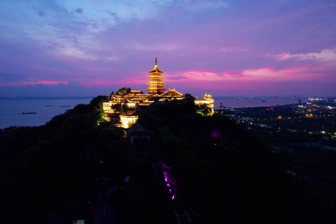 南通航拍长江狼山晚霞支云塔夜景