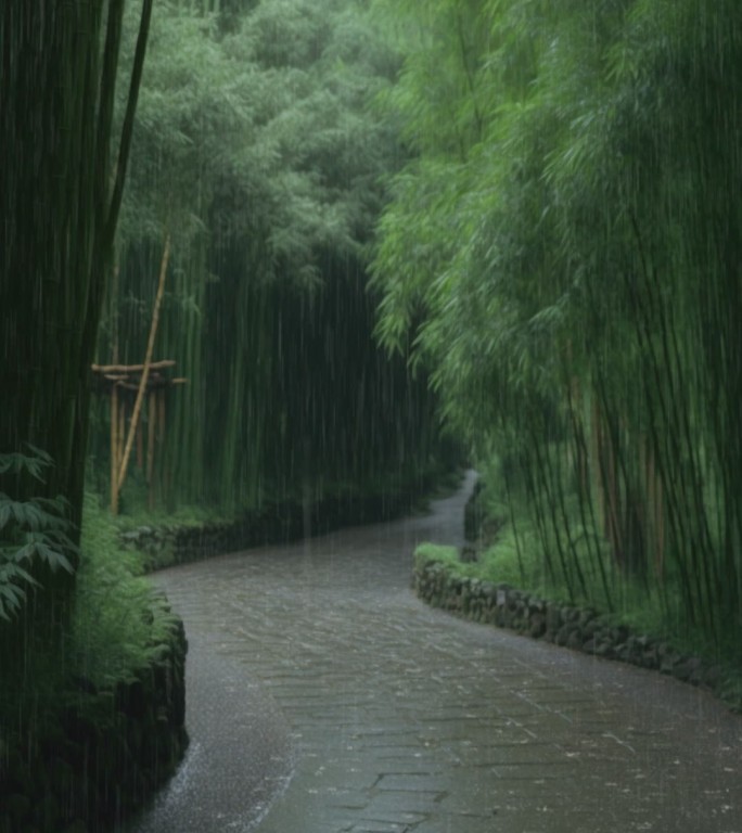 清新治愈的下雨竹林