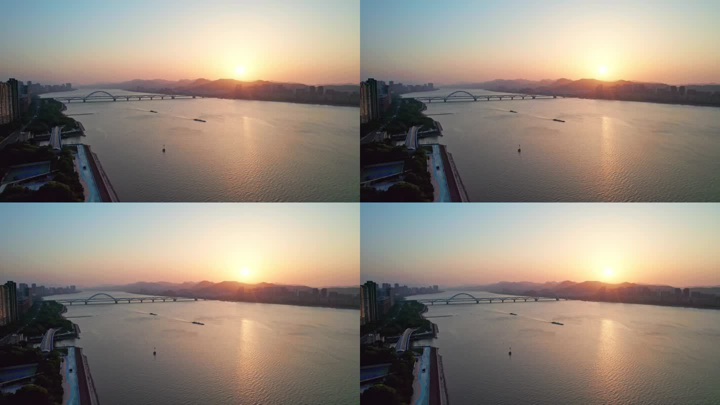 杭州钱塘江夕阳 船队