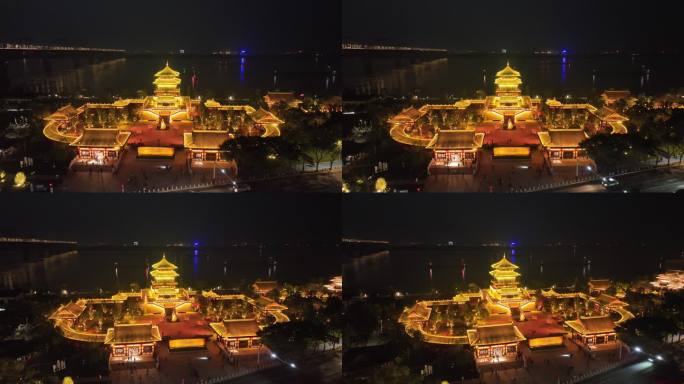 九江琵琶亭夜景环绕航拍视频